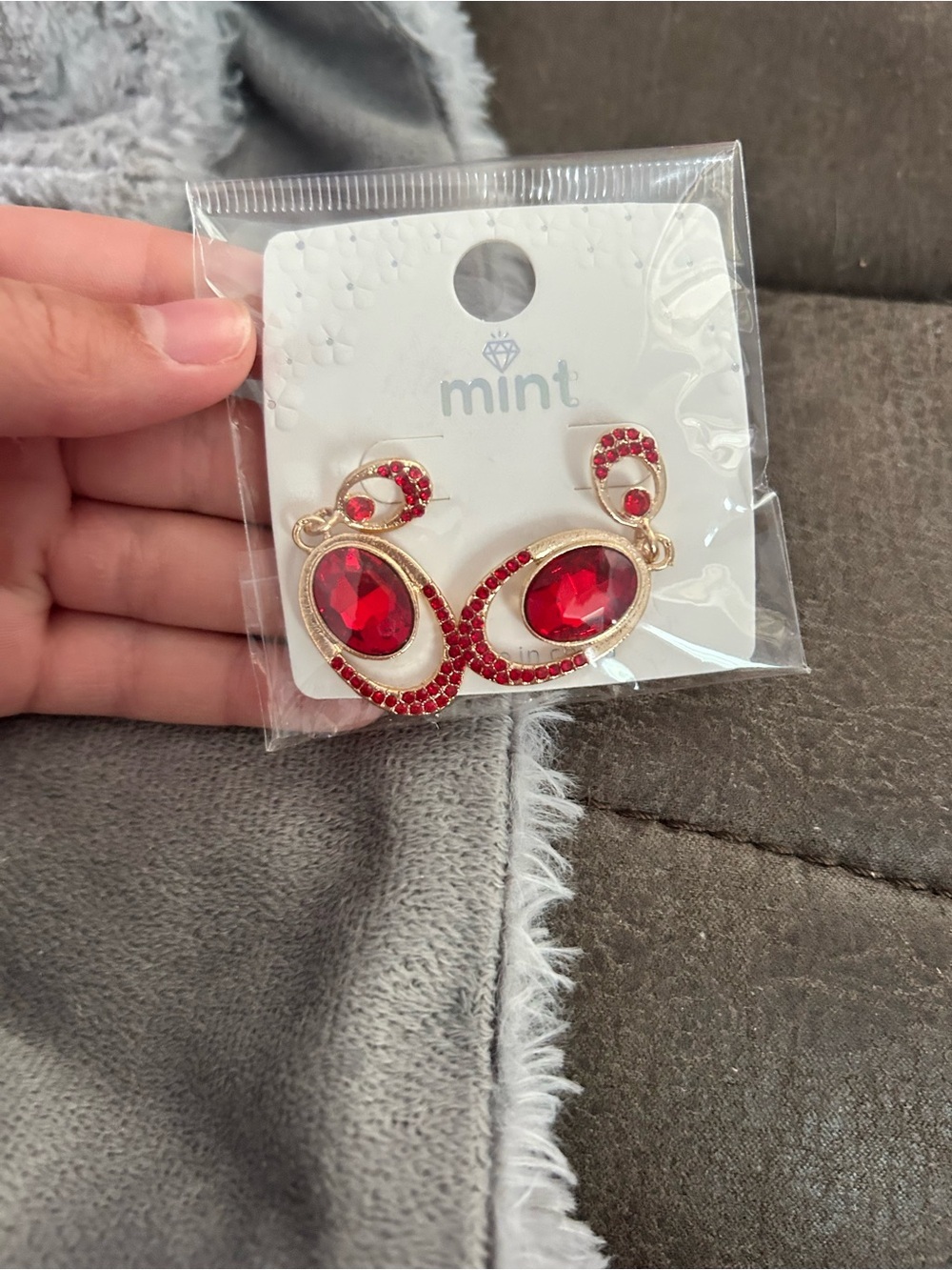 Mint Red Crystal Statement Earrings - Gold Tone